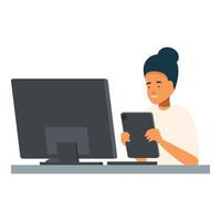 Young woman working from home using computer and digital tablet vector