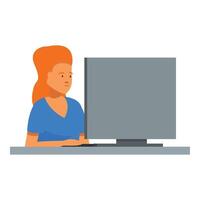 Woman using a desktop computer, working remotely vector