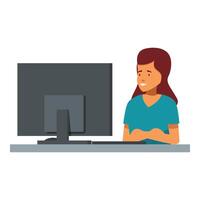 Young woman working from home office using desktop computer vector