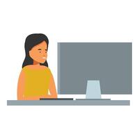 Young woman working on desktop computer at office desk vector