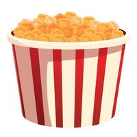 Striped popcorn bucket overflowing with buttery popcorn vector