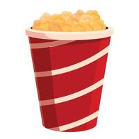 Big red and white striped cardboard bucket overflowing with buttery popcorn vector