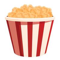 Red and white striped cardboard bucket overflowing with buttery popcorn vector