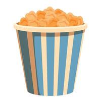 Classic striped popcorn bucket overflowing with buttery popcorn vector