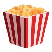 Red and white striped cardboard popcorn bucket overflowing with buttery popcorn vector
