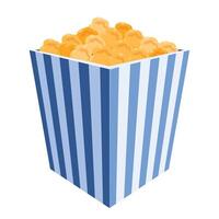 Blue and white striped popcorn box overflowing with buttery popcorn vector