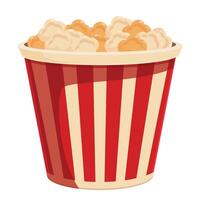 Red and white striped cardboard bucket overflowing with buttery popcorn vector