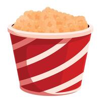 Red and white striped bucket overflowing with buttery popcorn vector