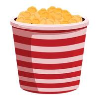 Red and white striped popcorn bucket overflowing with buttery popcorn vector