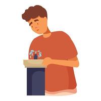 Young man suffering from thirst, trying to drink water from a broken public fountain vector