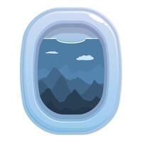 Airplane window showing mountains under blue cloudy sky during flight vector