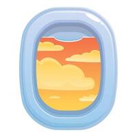 Airplane window showing golden hour cloudscape during flight vector