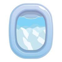 Airplane window showing snowy mountains during flight vector