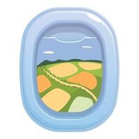 Airplane window showing green and yellow fields during flight vector