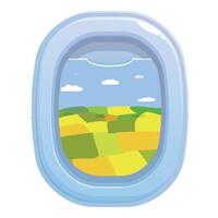 Airplane window showing farm fields from above with blue sky and clouds vector