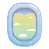 Airplane window showing clouds during flight at sunset vector