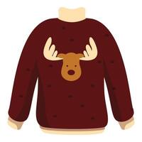 Red christmas sweater featuring a smiling reindeer with big antlers vector