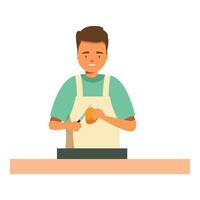 Young baker cutting dough with knife on table in bakery vector