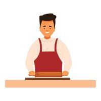 Baker kneading dough in bakery kitchen using rolling pin vector