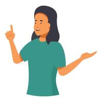 Young woman pointing up and showing something with hand gesture vector