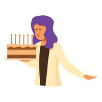 Sad woman holding birthday cake making wish feeling lonely vector