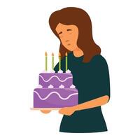 Sad woman holding birthday cake making wish with closed eyes vector