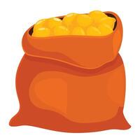 Full orange bag overflowing with gold coins illustrating wealth vector