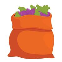 Orange cloth sack full of freshly harvested eggplants and ready for transport vector
