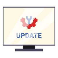 Computer monitor displaying software update with cogwheel and wrench icon vector
