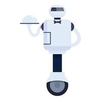 Robot waiter is holding a tray with a cloche, ready to serve vector