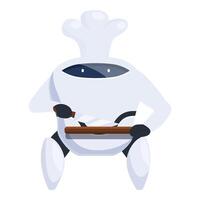White robot chef cutting vegetables with knife on cutting board vector
