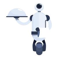Friendly robot waiter serving food using platform with wheels vector