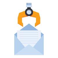 Robotic arm holding letter over envelope email marketing automation vector