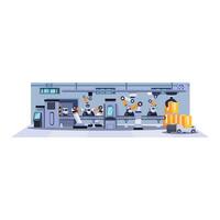 Illustration of an automated factory with robots building, carrying and packaging goods vector