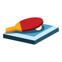 Red and yellow table tennis racket and white ball lying on blue table tennis table in isometric view vector