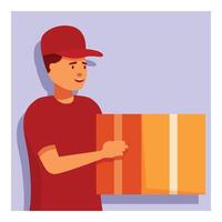 Delivery man holding cardboard box smiling delivery service worker character vector