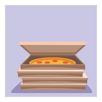 Stack of cardboard pizza boxes with open one showing pizza inside vector