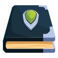 Magic book with shield holding a green gem, fantasy game icon vector