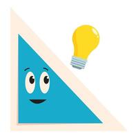 Blue triangle character looking interested at light bulb having an idea vector