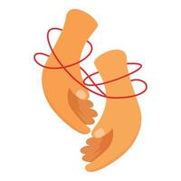 Two hands reaching for each other, connected by red string of fate vector