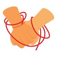 Two hands holding tightly with red string showing connected love and support vector