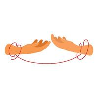 Two hands reaching for each other connected by red string of fate vector