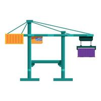 Port crane lifting cargo container, loading containers on dock, freight transportation, logistics concept vector