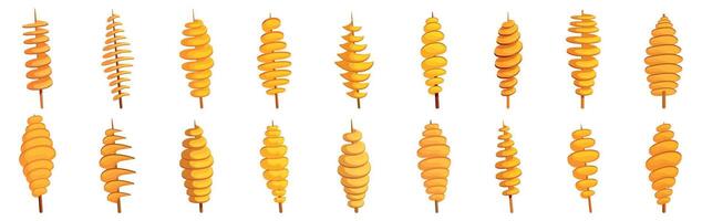 Tornado potato icons set. This set features a variety of tornado potatoes, each uniquely shaped and ready to enjoy vector