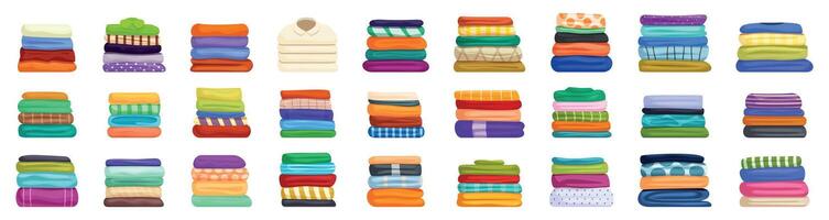 Folded clothes stack icons set. Laundry worker folding clean clothes and towels in piles vector