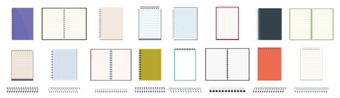 Notebook spiral binders icons set. Collection of blank spiral bound notepads showing different sizes, colors, and bindings vector