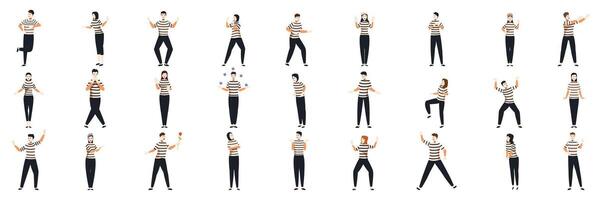 Mime performing pantomime icons set. Set of mimes performing different actions wearing typical black and white striped clothing vector