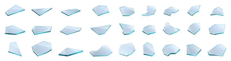 Broken glass fragments icons set. Set of realistic shards of transparent broken glass showing sharp edges vector