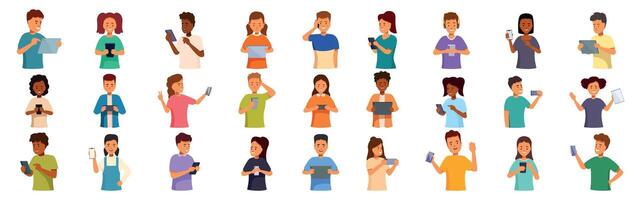 Kids mobile phone icons set. Diverse group of people using smartphones and tablets for communication and entertainment vector