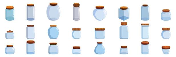 Glass jar wooden cap icons set. Set of different empty glass jars with wooden lids for canning and preservation vector